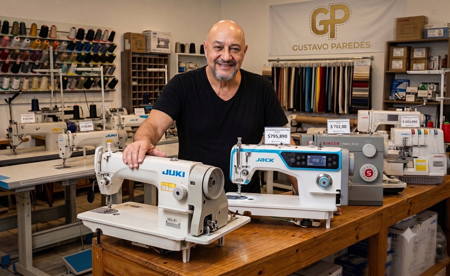 Gustavo Paredes dentro del local con máquinas de coser