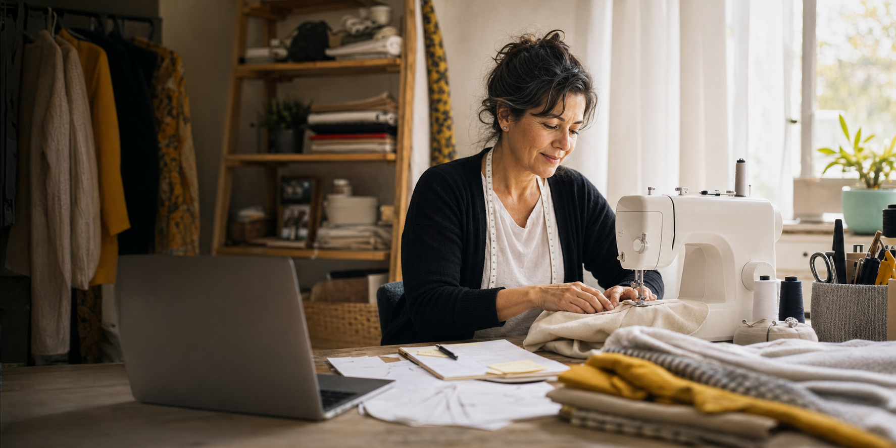 Mujer cosiendo en un taller dentro de su casa