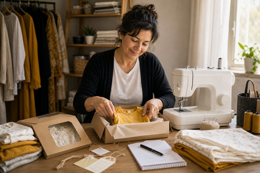 Emprendedora preparando ropa de bebé hecha en casa