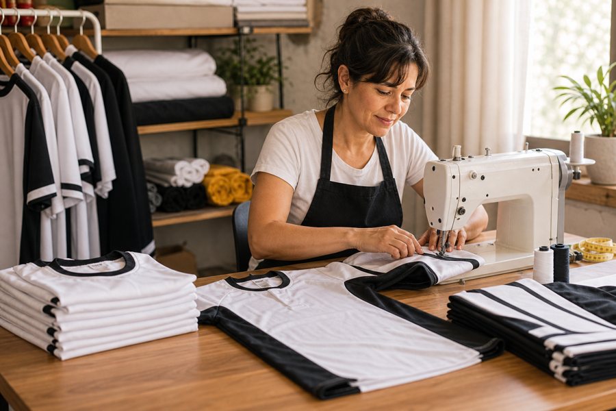Emprendedora cosiendo uniformes por pedido